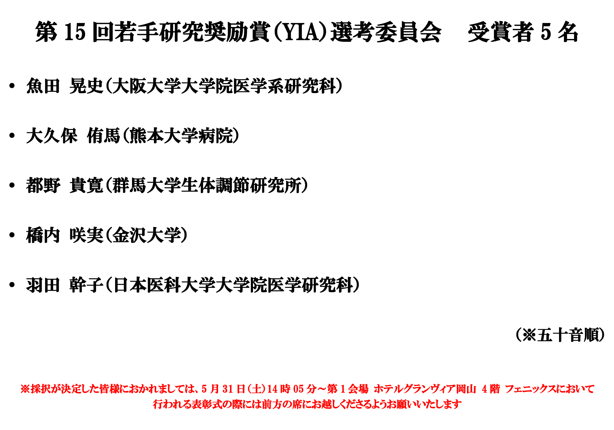 第15回若手研究奨励賞（YIA）選考委員会 受賞者５名 魚田 晃史（大阪大学大学院医学系研究科） 大久保 侑馬（熊本大学病院） 都野 貴寛（群馬大学生体調節研究所） 橋内 咲実（金沢大学） 羽田 幹子（日本医科大学大学院医学研究科） （※五十音順） 採択が決定した皆様におかれましては、5月31日（土）14時05分〜第1会場 ホテルグランヴィア岡山4階 フェニックスにおいて 行われる表彰式の際には前方の席にお越しくださるようお願いいたします